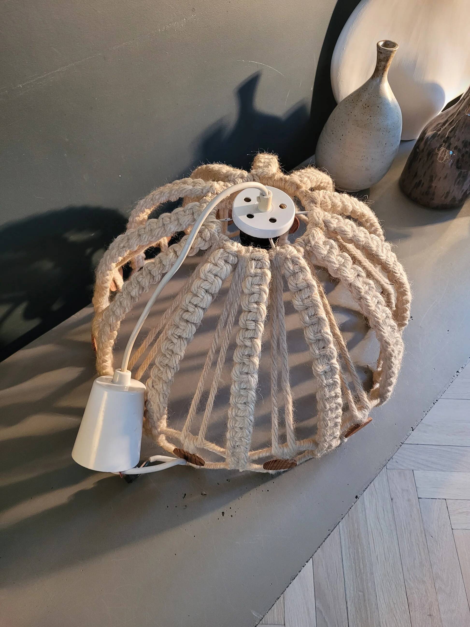 Vintage macramé and wood pendant light