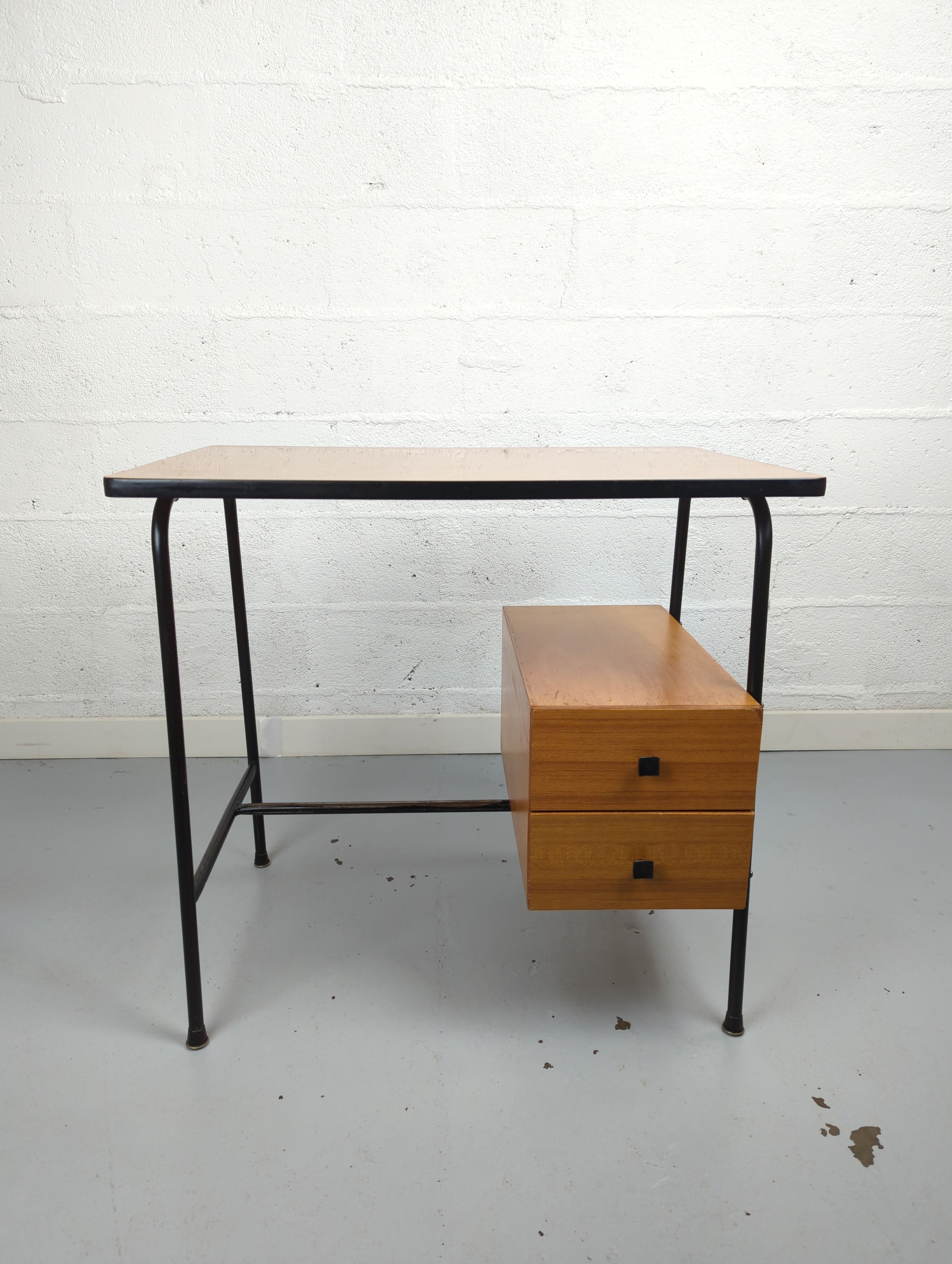 Bureau vintage formica et métal caisson deux tiroirs