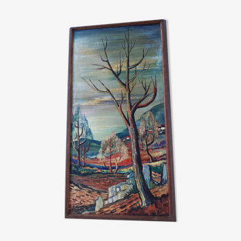 Tableau huile sur toile paysage arbres expressionnistes années 30-40 signé