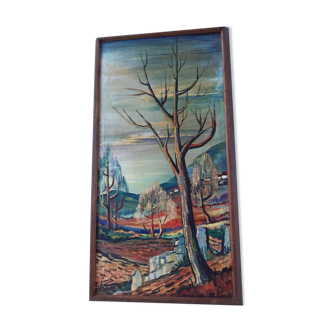 Tableau huile sur toile paysage arbres expressionnistes années 30-40 signé
