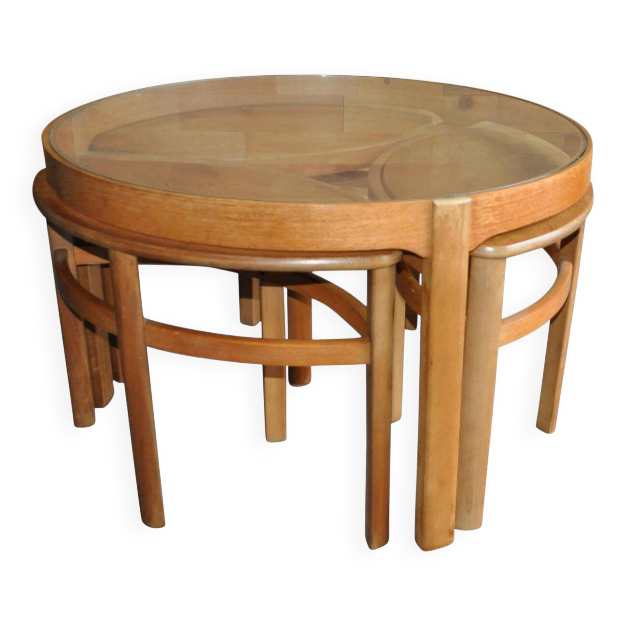 Nest tables in blonde teak with glass tops by Nathan, 1960s (set of 3)