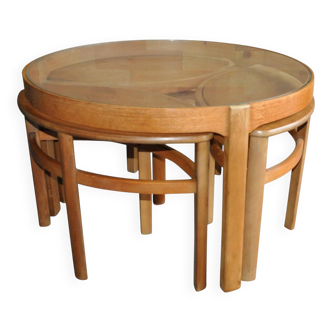 Nest tables in blonde teak with glass tops by Nathan, 1960s (set of 3)