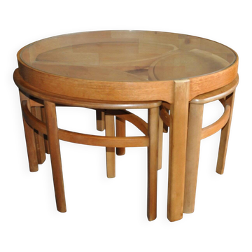 Nest tables in blonde teak with glass tops by Nathan, 1960s (set of 3)
