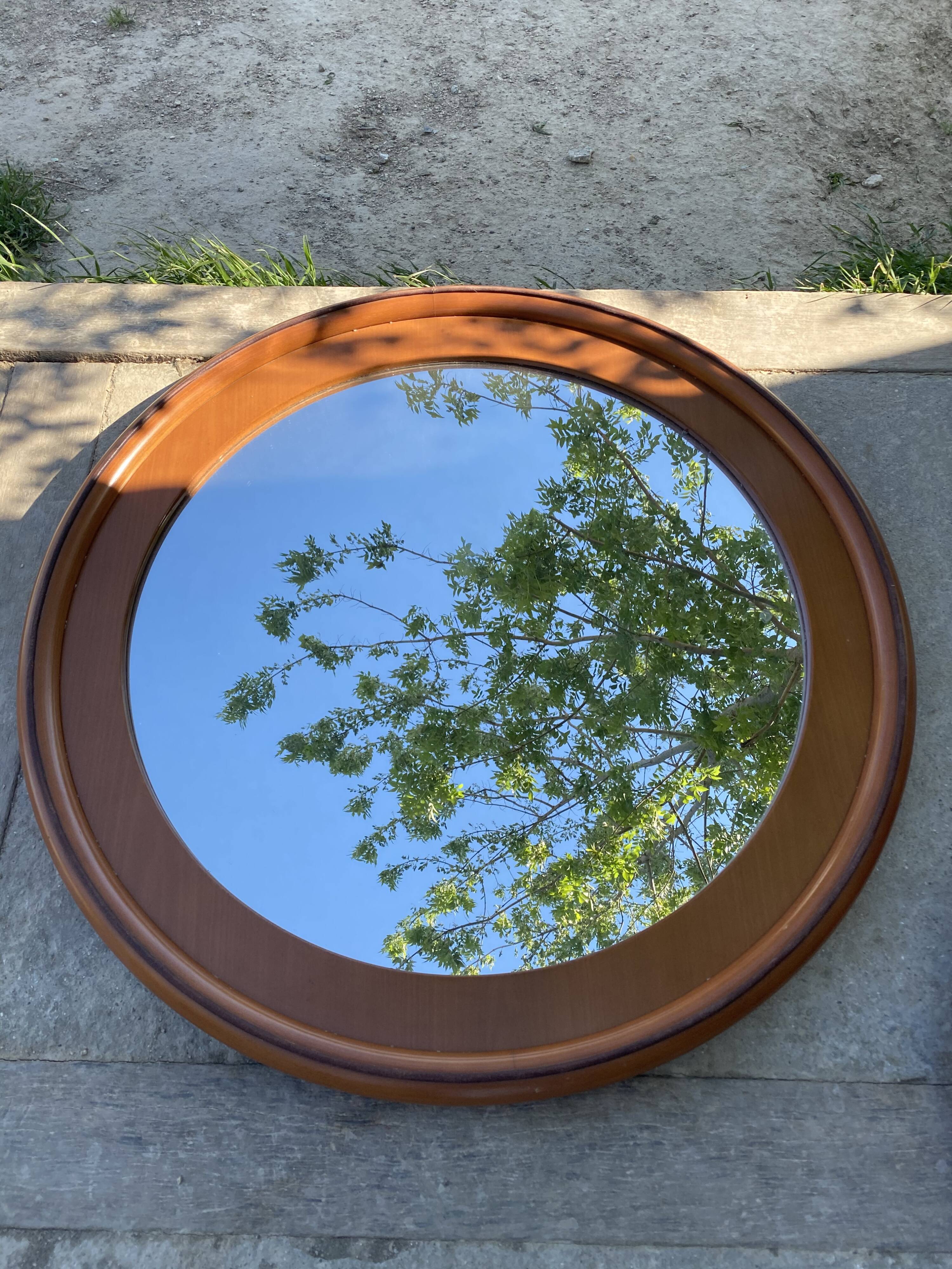 1970 wood and leather 86cm round mirror design
