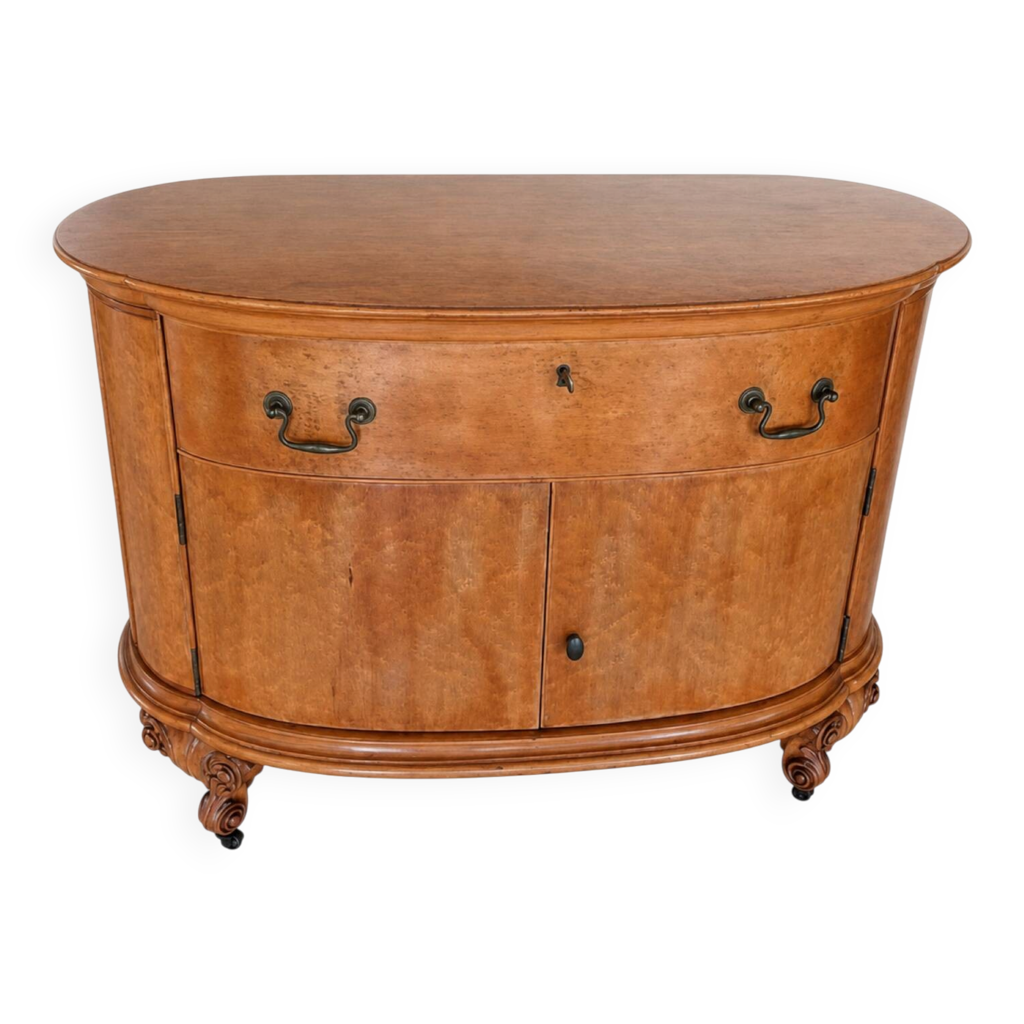 Half-moon commode from 1900 in lemon tree veneer, curved shape.