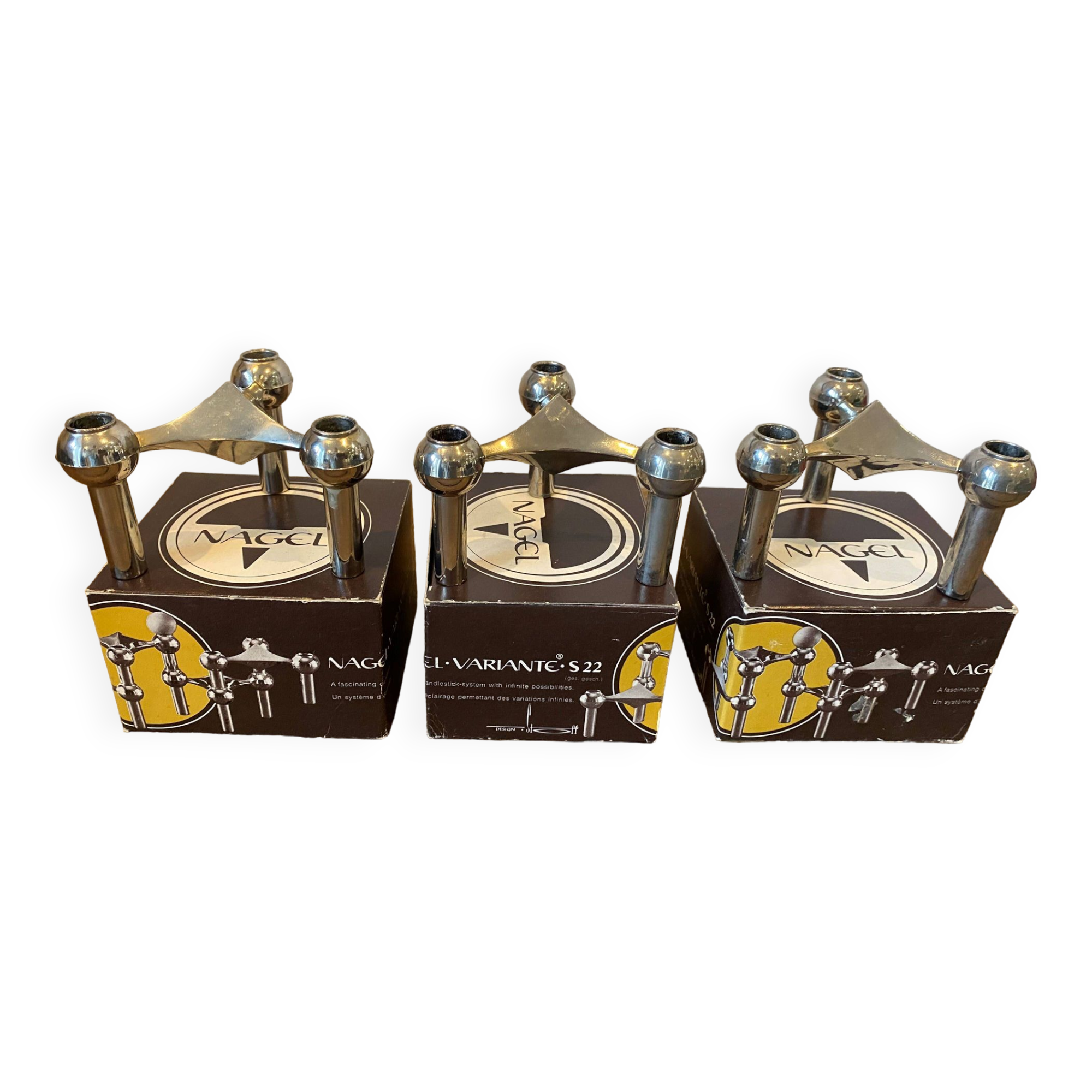 Series of 3 nagel s22 modular candlesticks with their original vintage box 1970