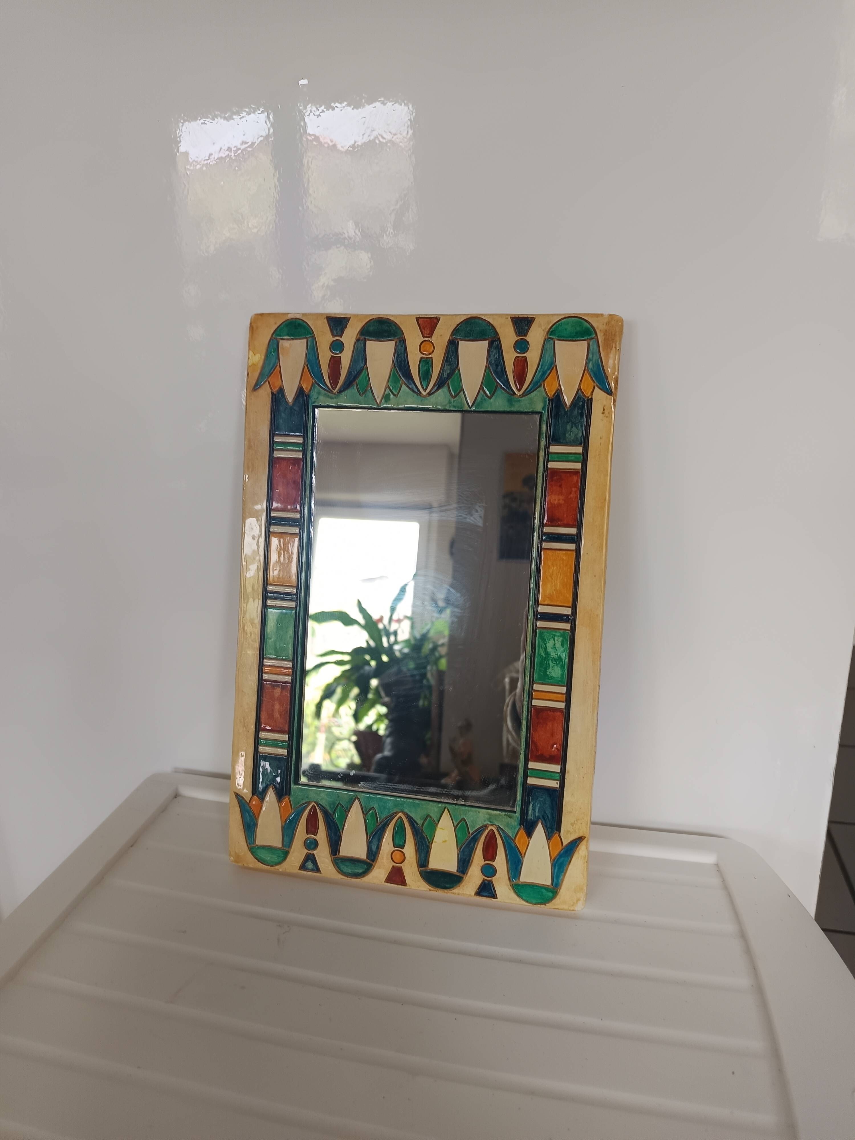 Miroir céramique vintage années 60 – signé JP – décor géométrique polychrom