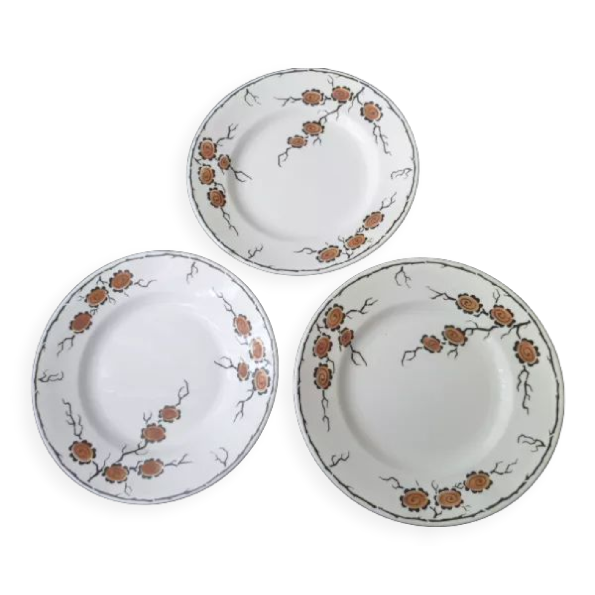 Set of 3 flat plates Terre de fer Moulin des Loups Japanese décor
