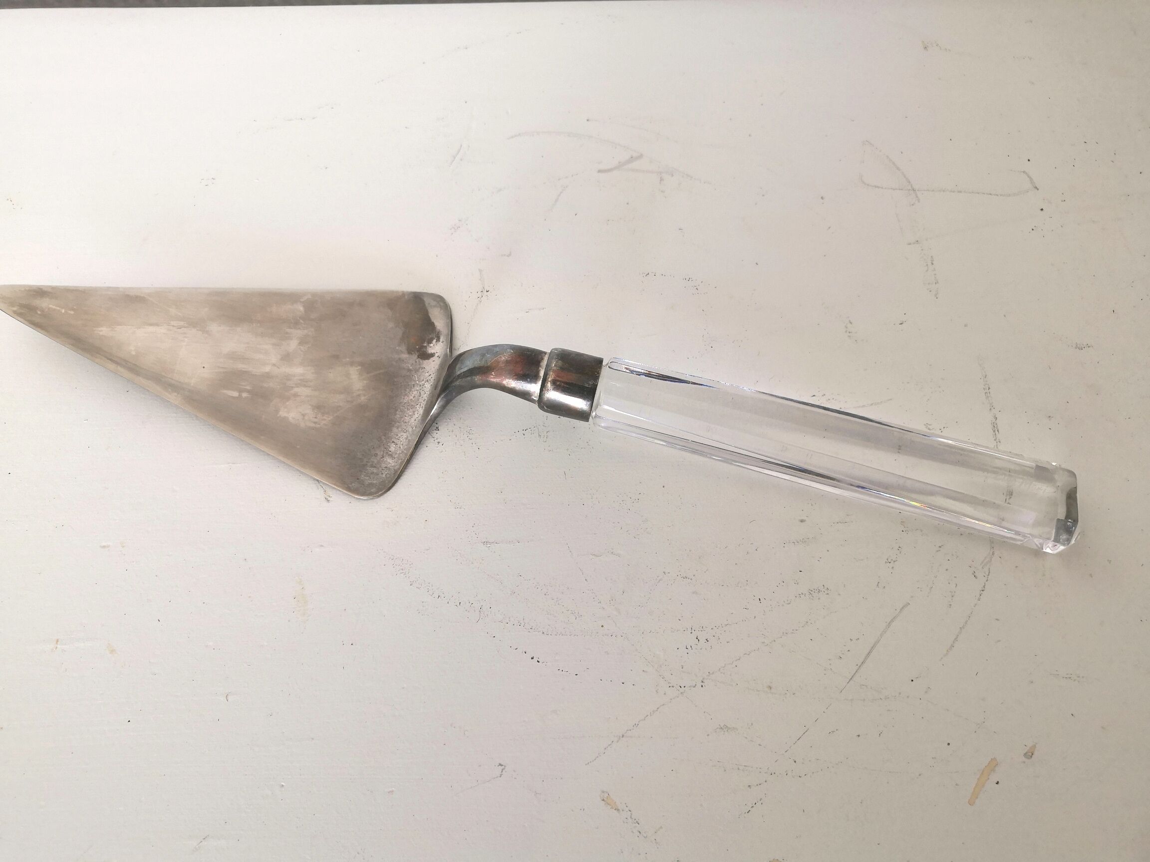 Silver metal pie shovel glass handle Lisa Mori