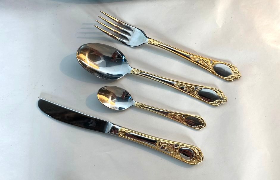 Cutlery set SBS Bestecke Solingen 70 pieces gold plated, vintage