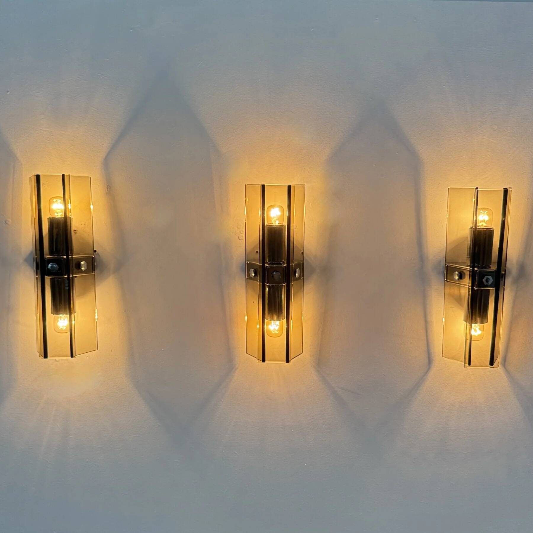 Set of 3 Veca glass wall lamps / sconces, 1970s Italy