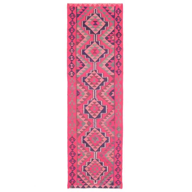 1970s Vintage Turkish Hand-Knotted Wool Cotton Pink Runner Rug 91x312