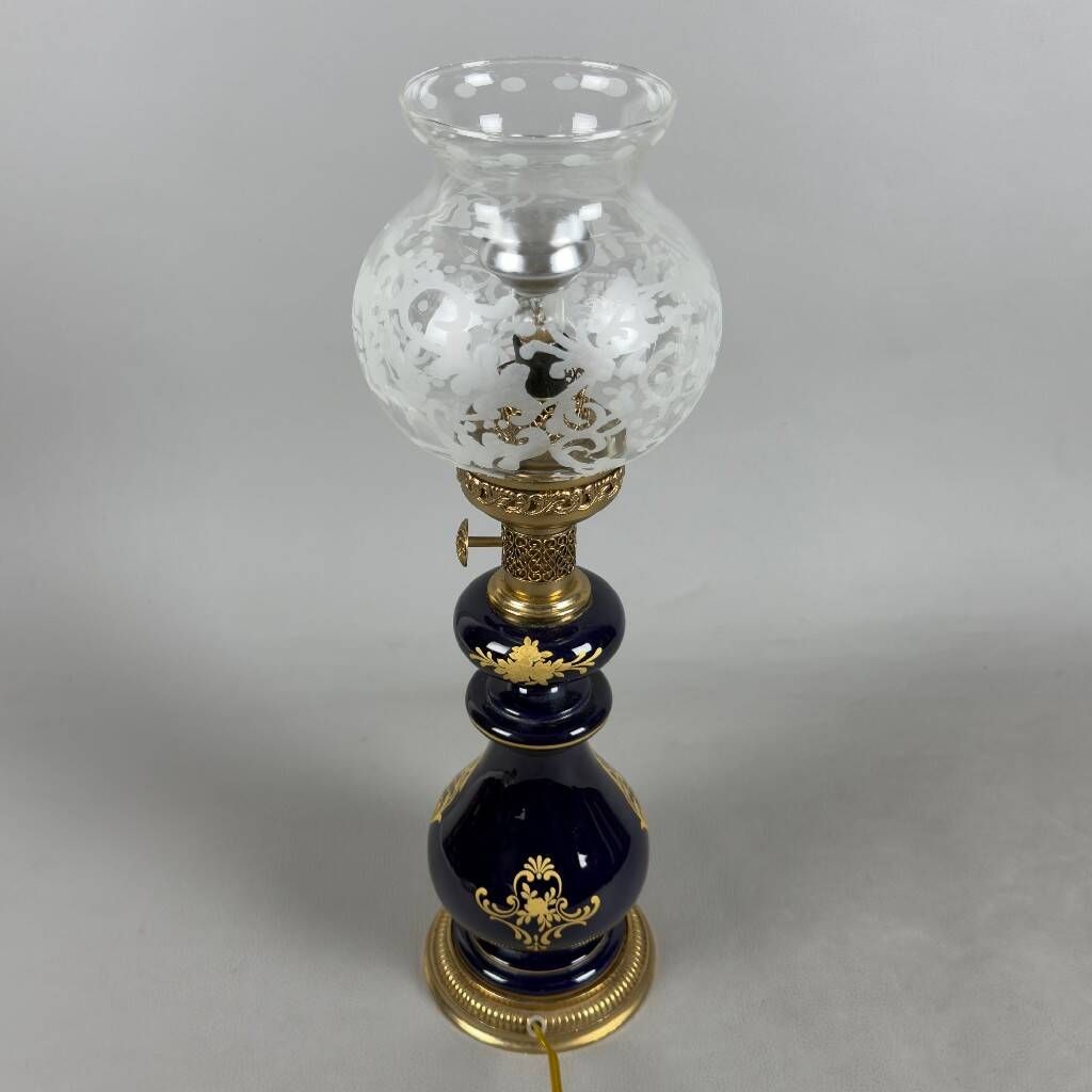 Antique French porcelain table lamp, brass and satin glass, 20th century.