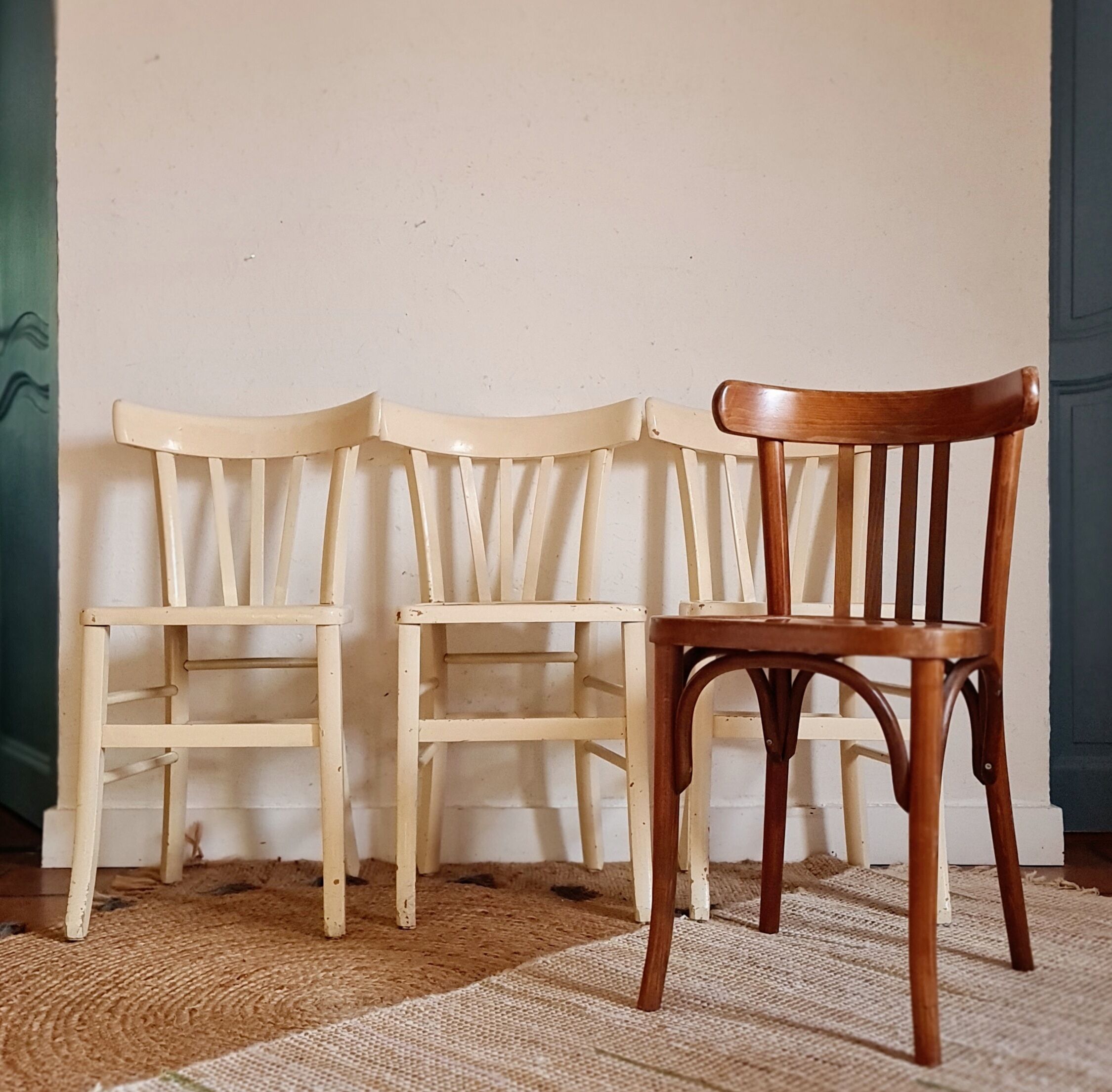 4 mismatched antique bistro chairs