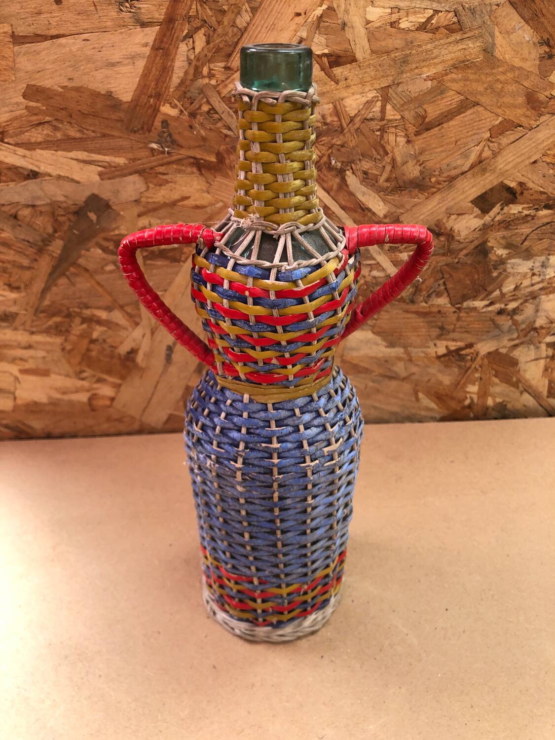 Old Lady Jeanne Bottle Glass + Rattan Woven Wicker Painted Vintage