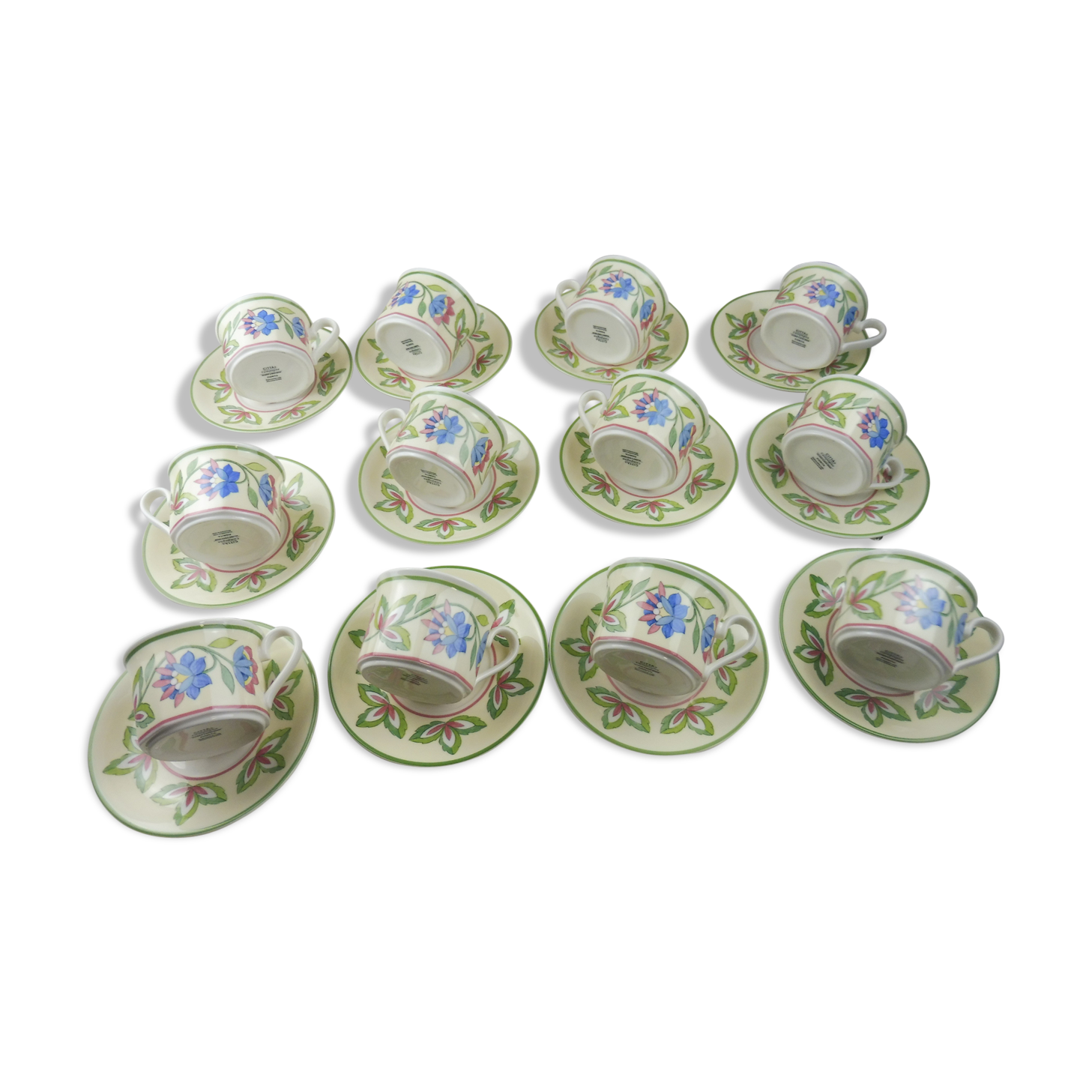 Lot 12 old cups under cups, Fiorita campagna décor, from Villeroy to Boch