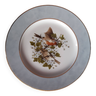 1 Assiette plate porcelaine de Limoges, motif oiseaux , dorée à l'or fin.