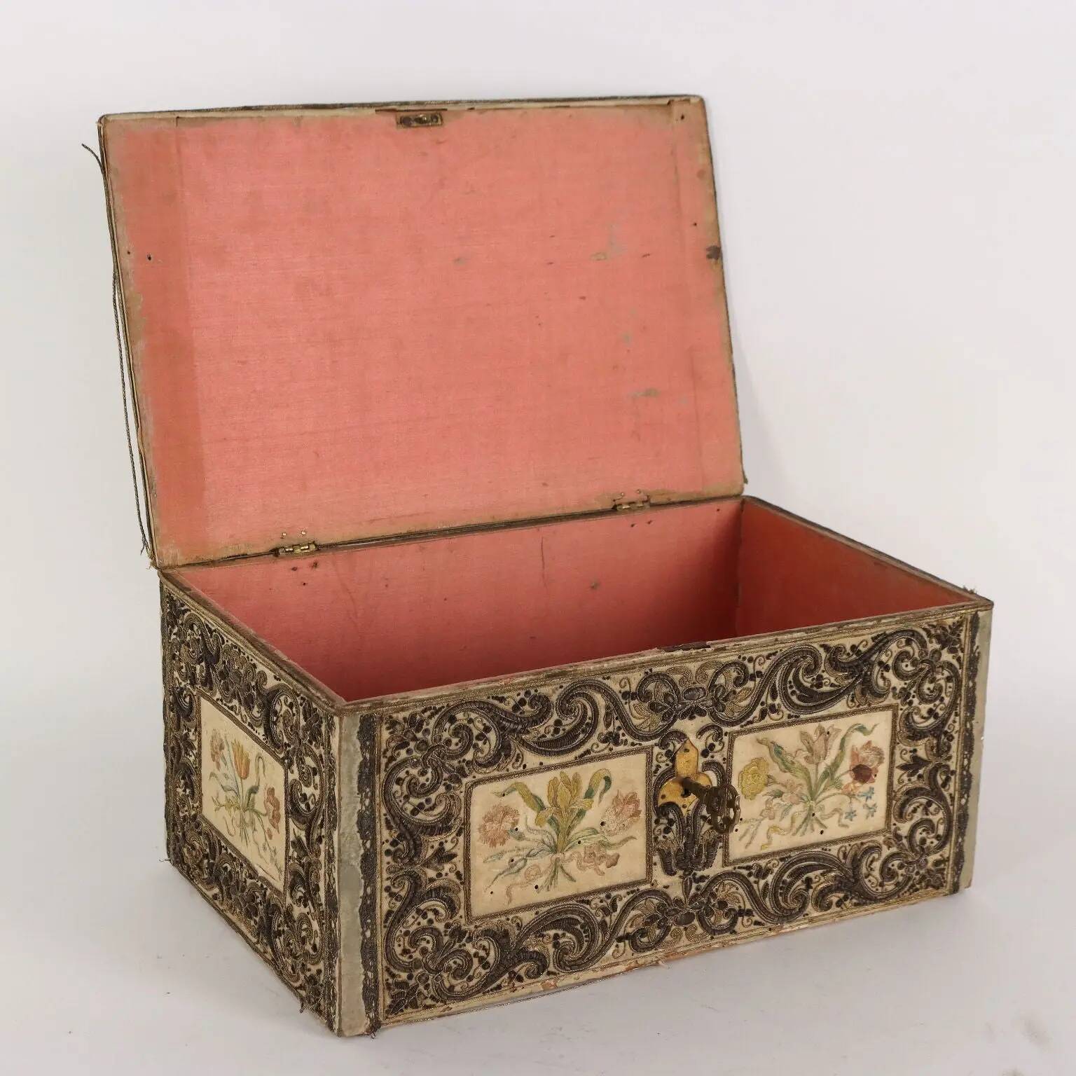 Antique wooden box with fabric and beads, Europe 19th Century