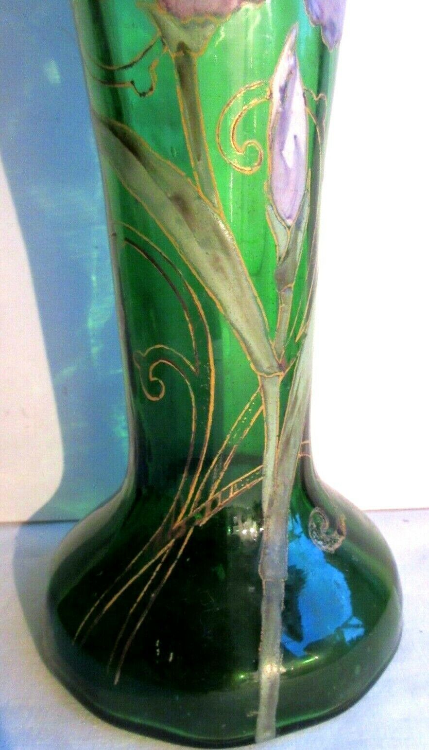Vase "Spring" Art Nouveau enamelled glass Legras with purple iris and gold lace