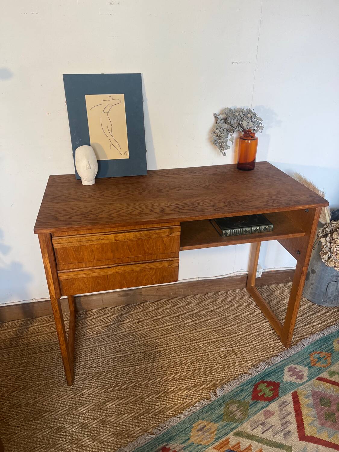 Vintage desk sled legs oak veneer