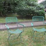 Pair of mid century distressed painted iron garden chairs
