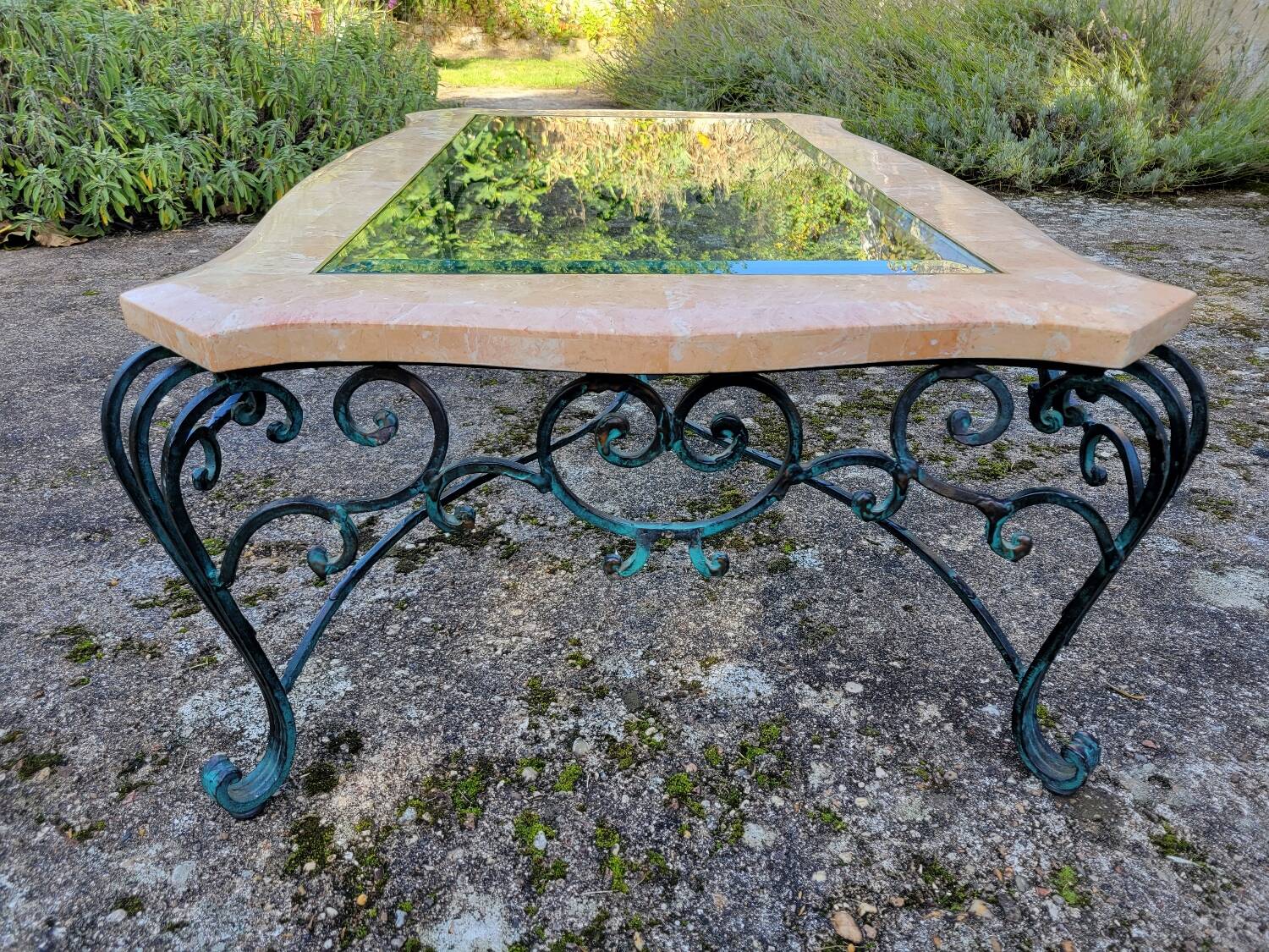 Pink marble and wrought iron coffee table