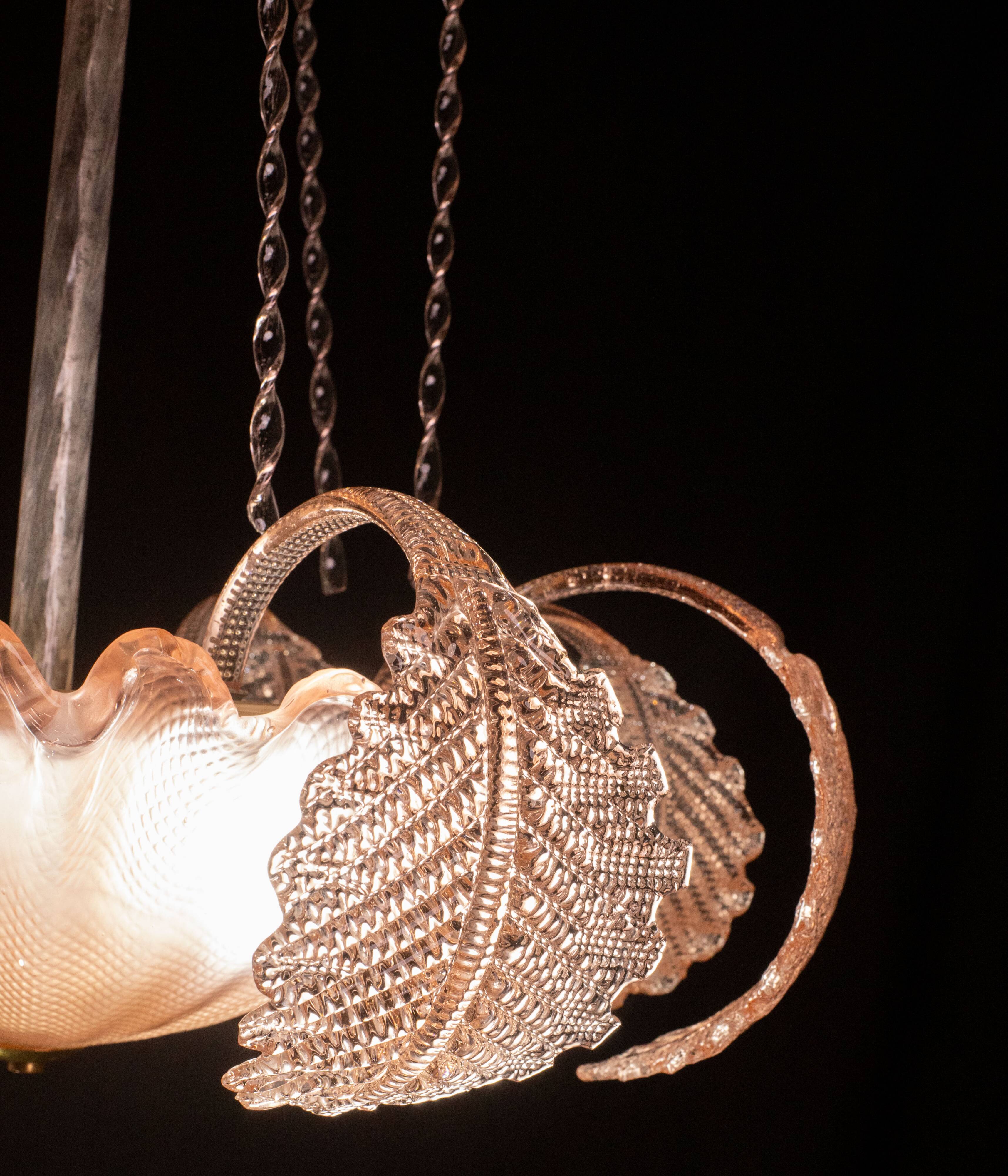 Pink Art Decò Barovier e Toso "Fountain" Pendant Light, Murano Glass, 1940s