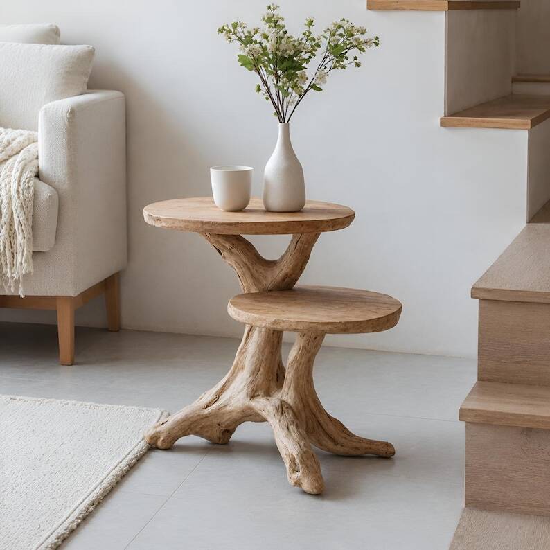Rustic sculptural side table made of natural and organic driftwood.
