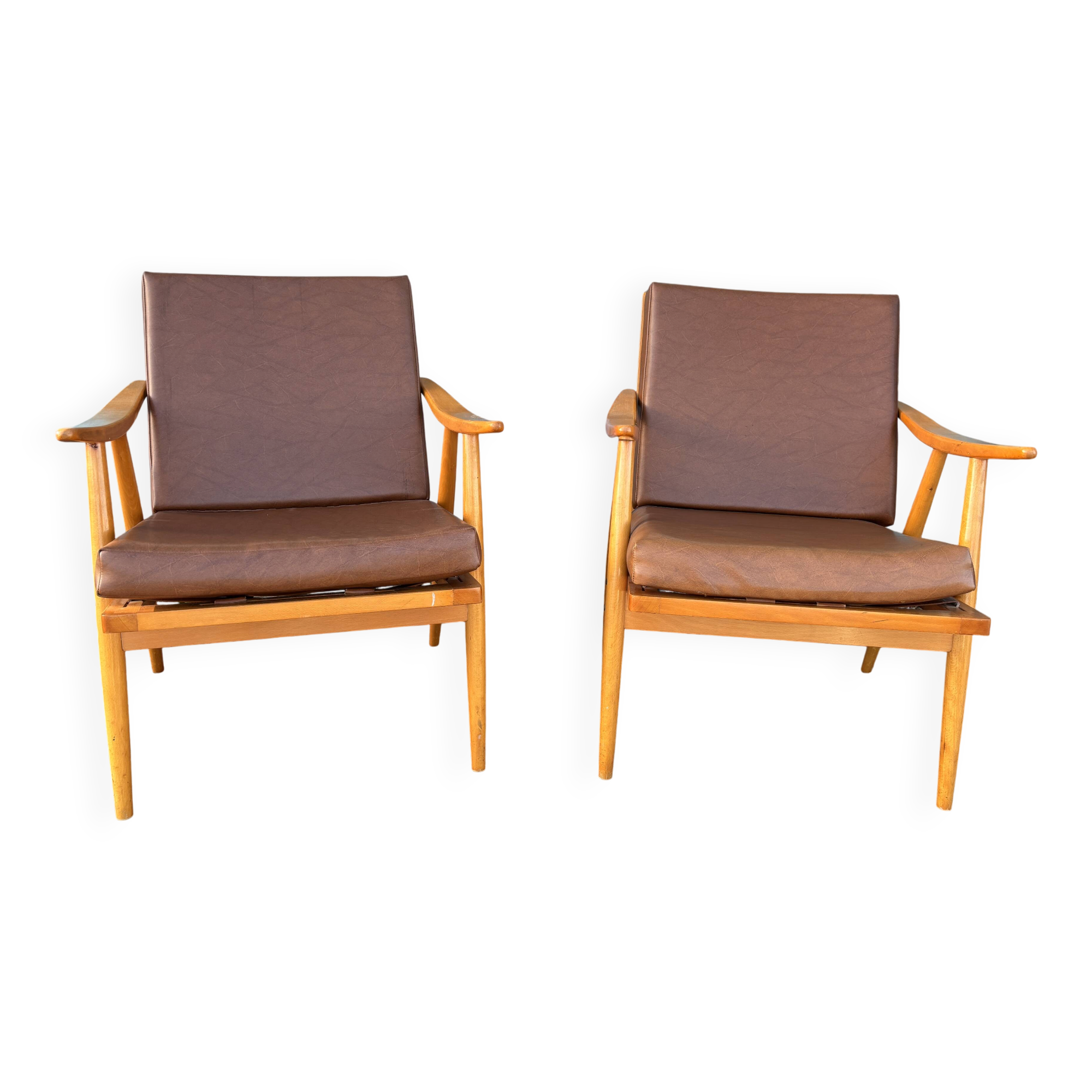 Pair of vintage armchairs with compass legs, "Boomerang" model by THO editions.