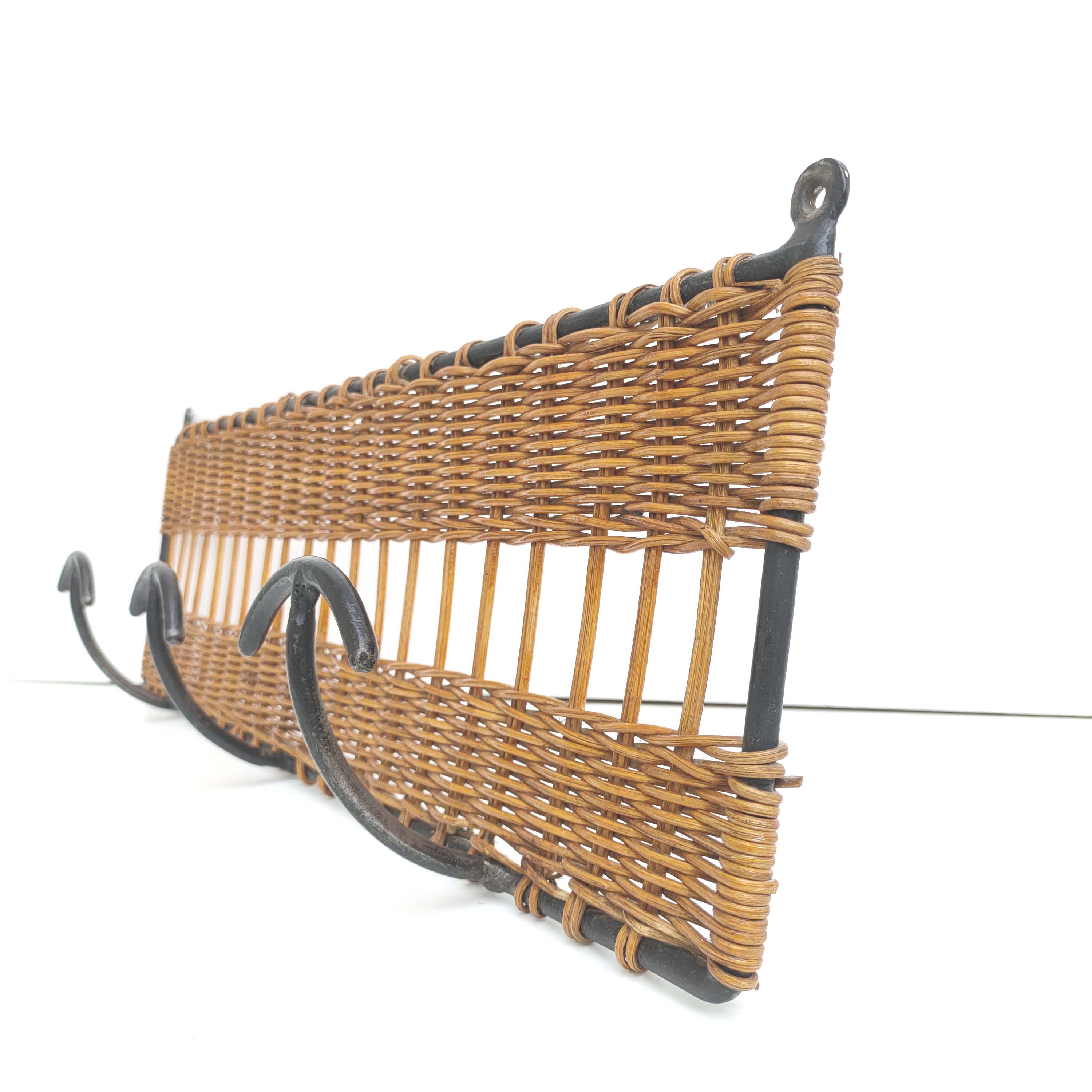 Wall-mounted coat rack with 3 patères in iron and rattan 60s