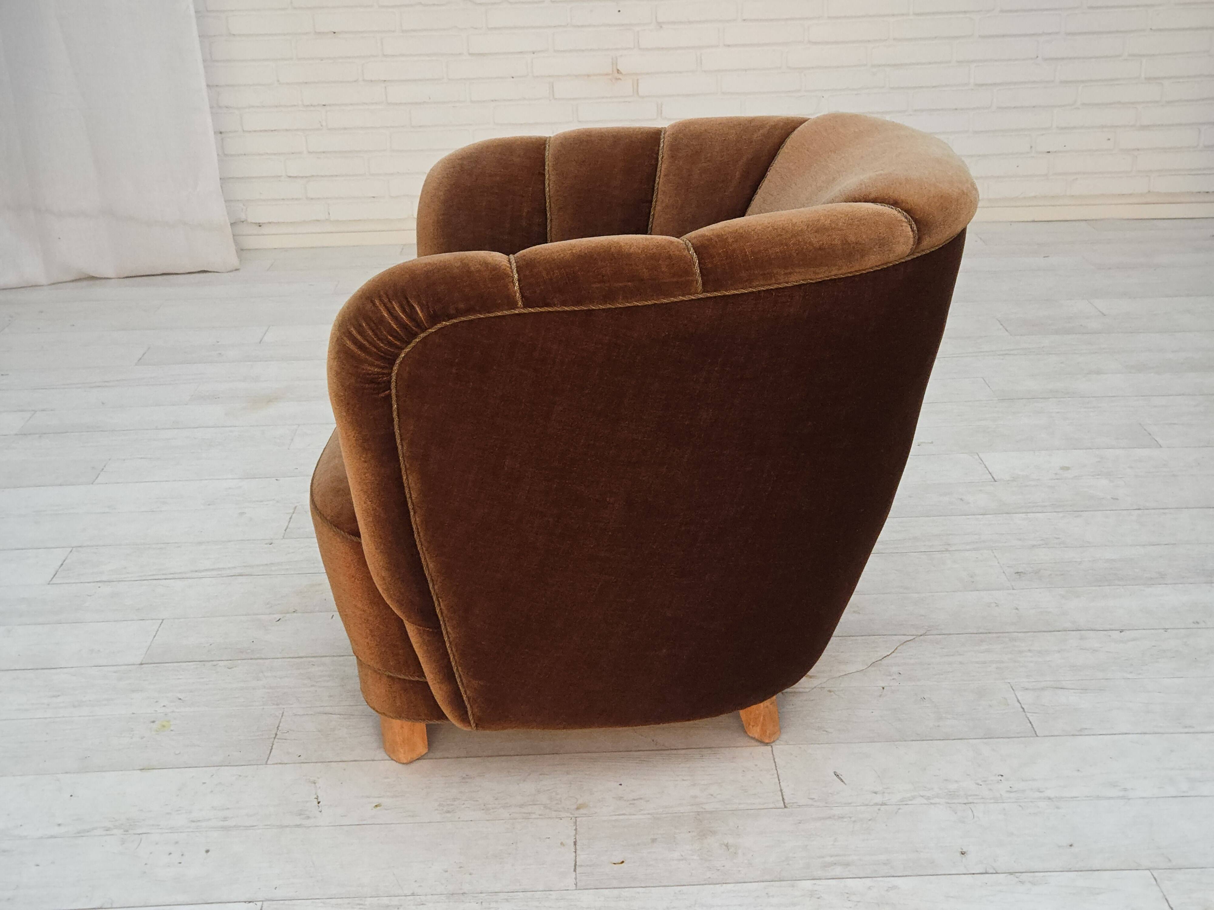 1960s, Danish curved chair, brown furniture velour.