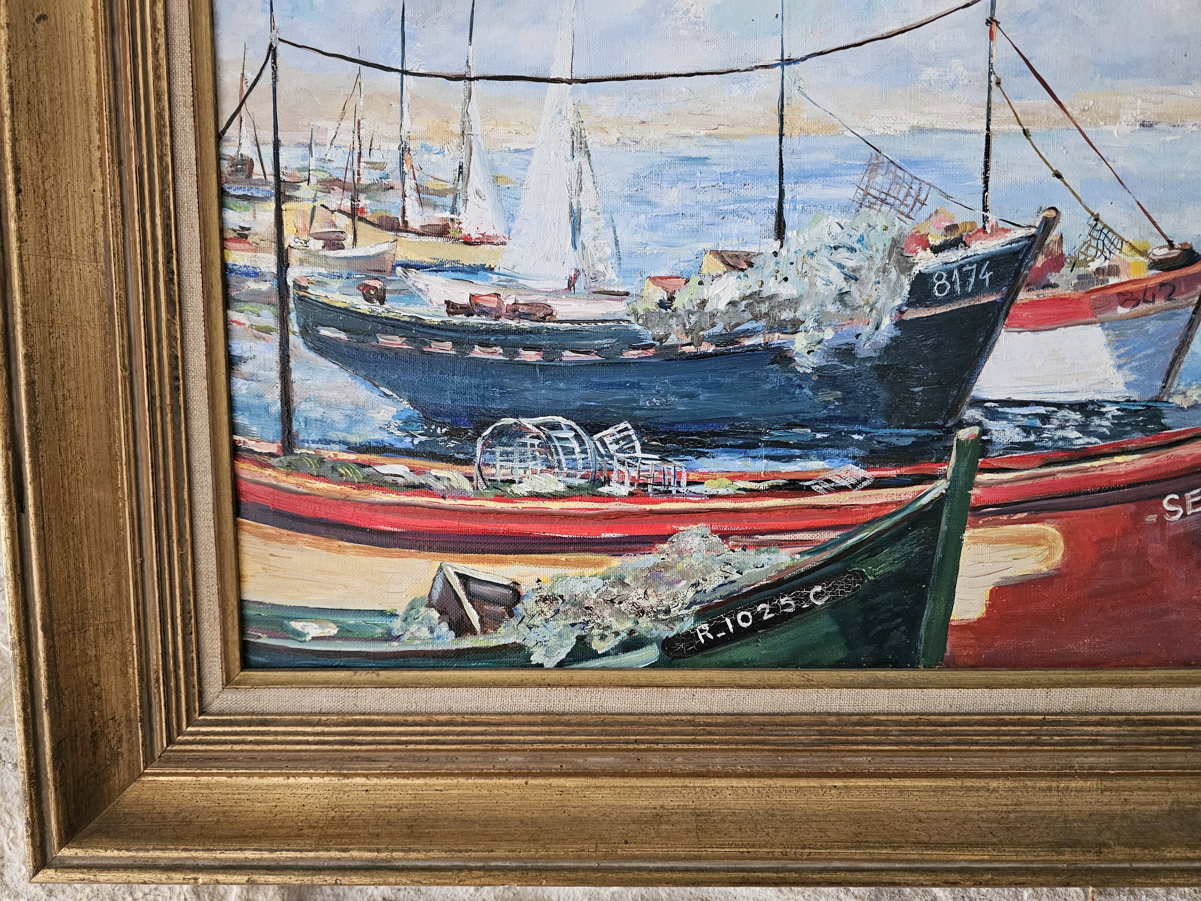 Oil on Canvas Landscape Marine Sailboats The Port Signed J Grosdemouge