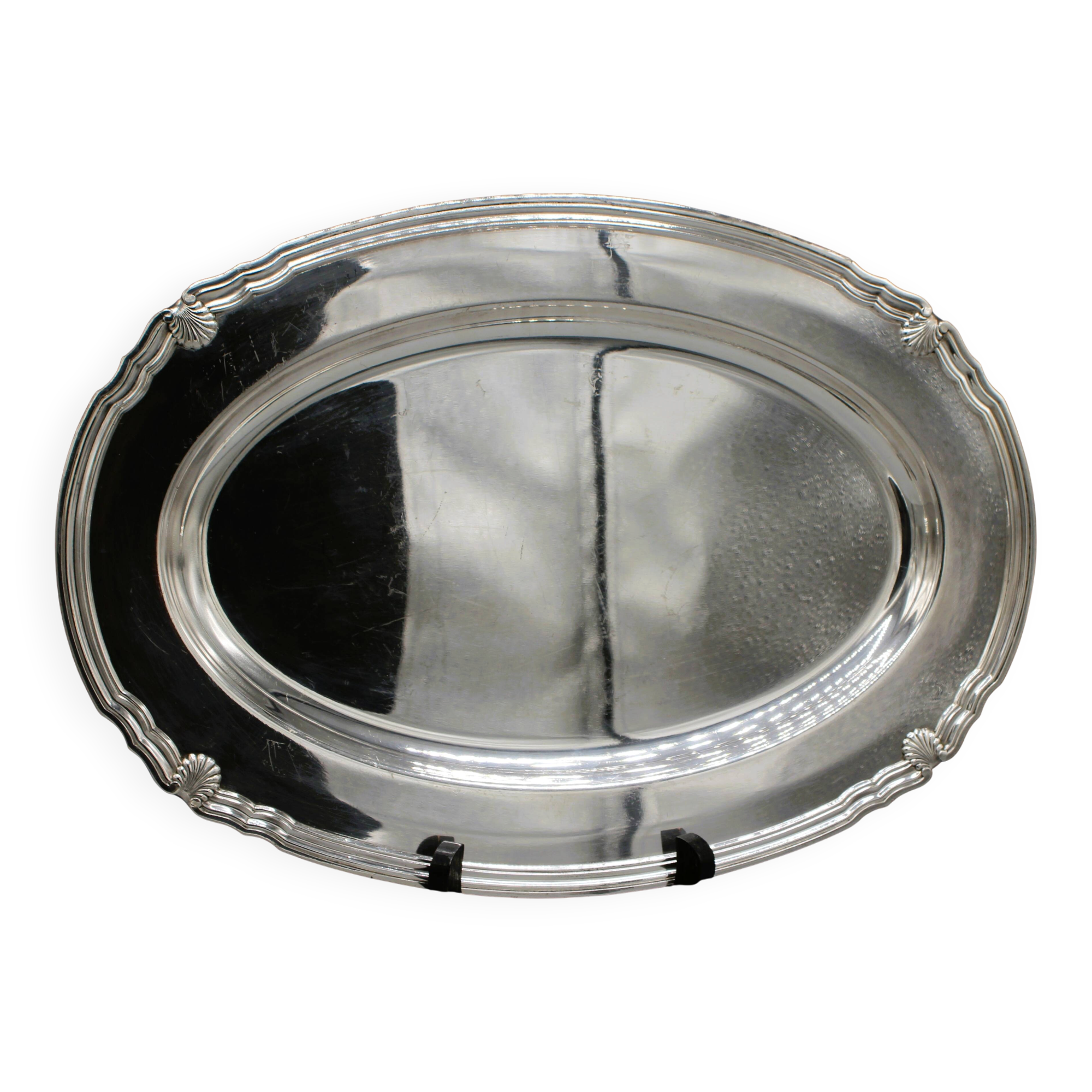 Very beautiful oval flat serving platter in silvered metal gallia coqui decoration