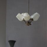 Five-branch brass and glass chandelier by Paavo Tynell for Idman OY Finland, 1940s.