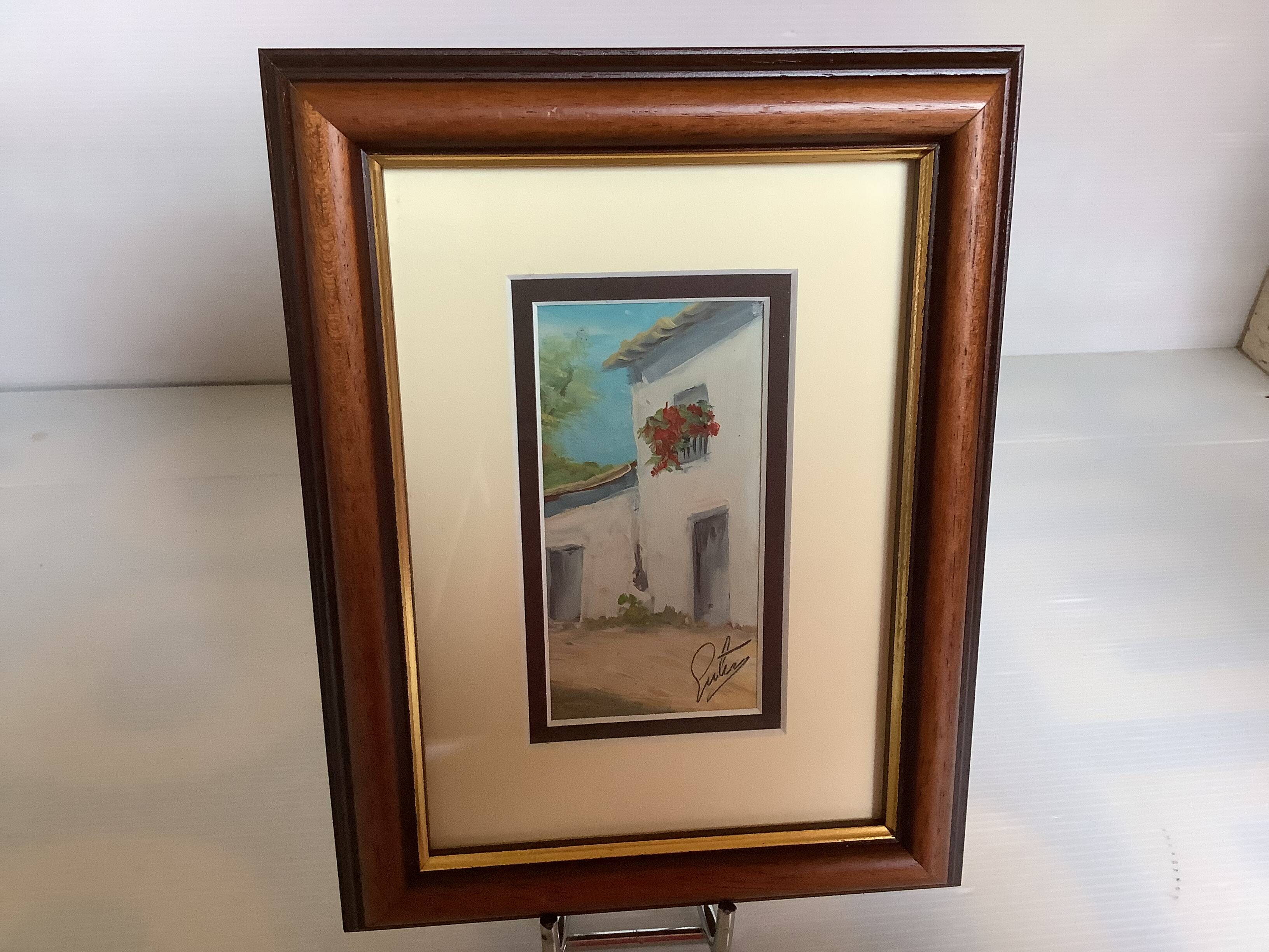 Small village painting, oil on panel, signed