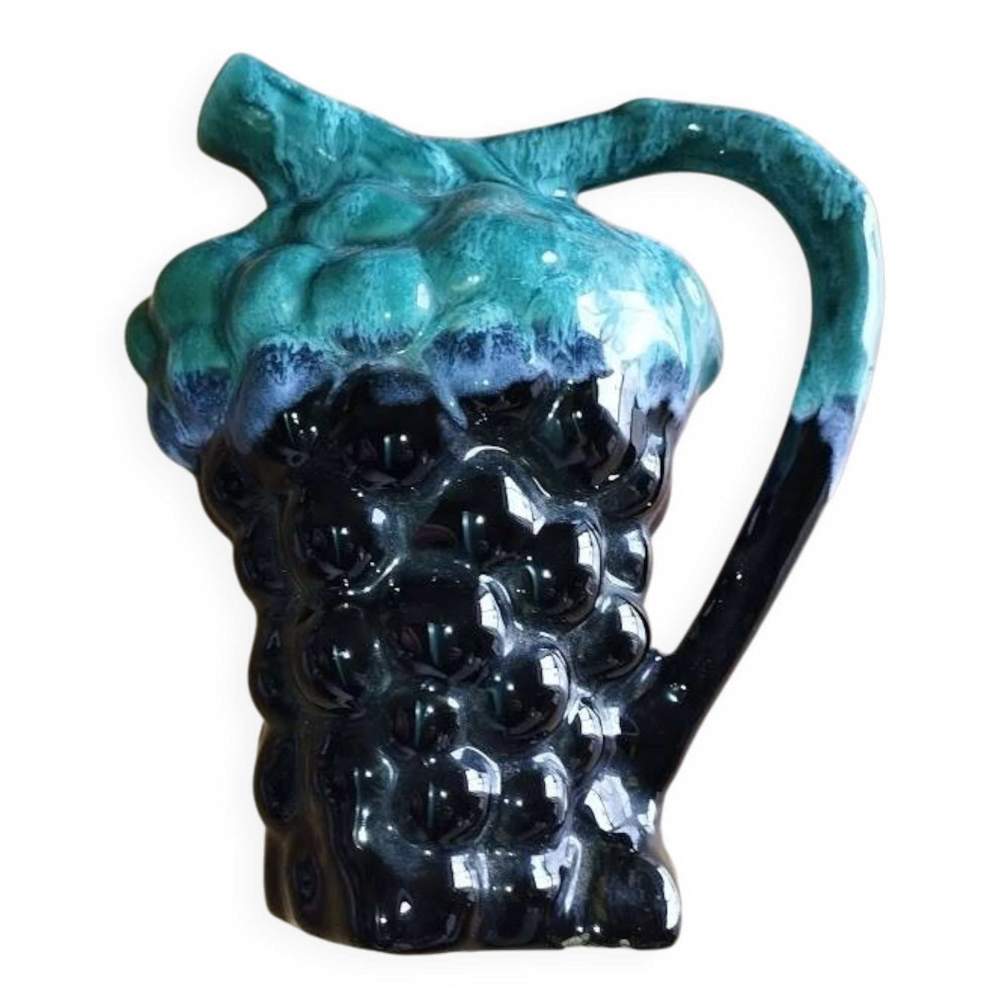 Vintage Vallauris jug in ceramic barbotine with grape decoration – 1950s
