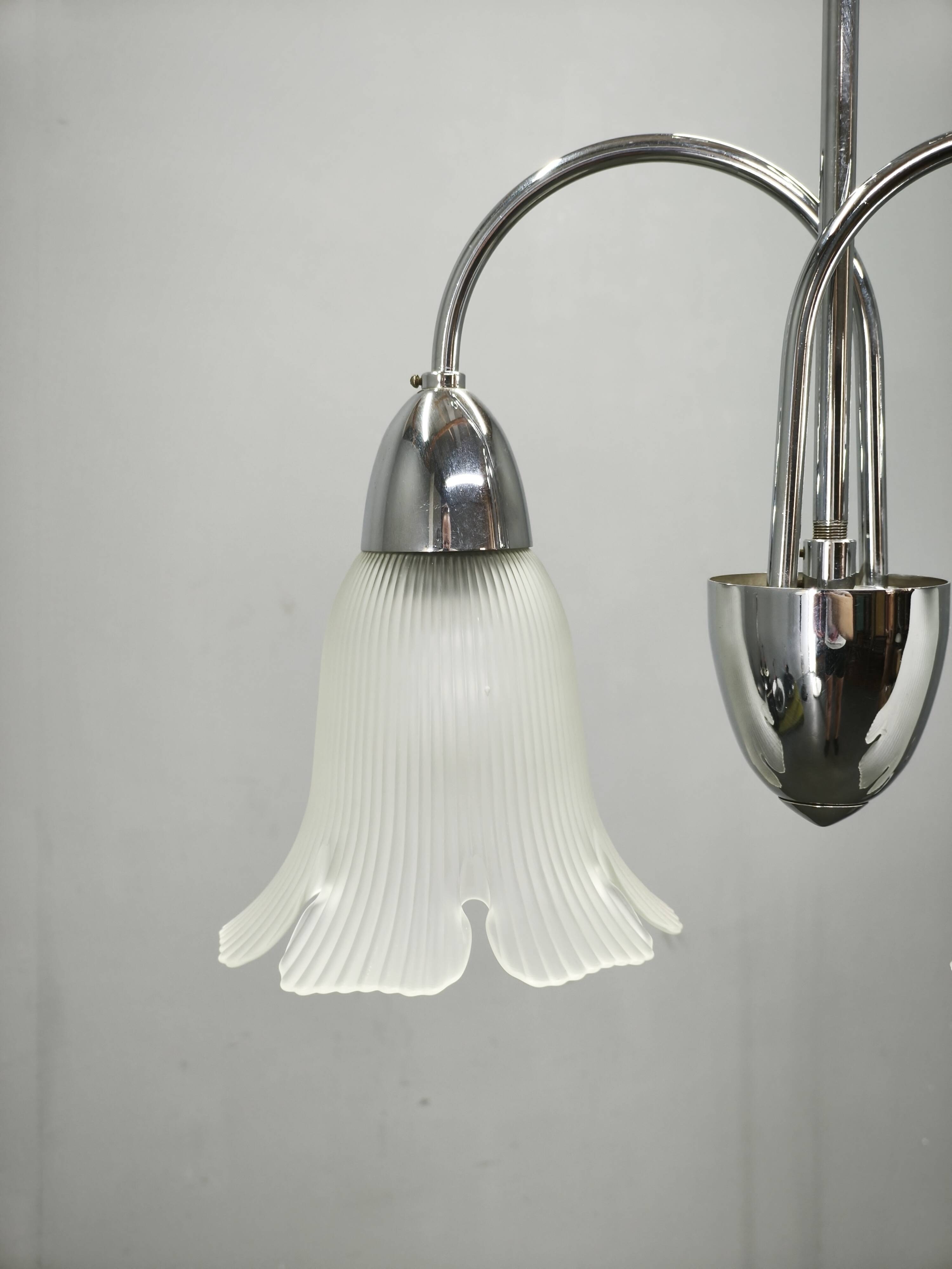 1950s Chrome and Floral Glass Chandelier by Elektroinstala Děčín