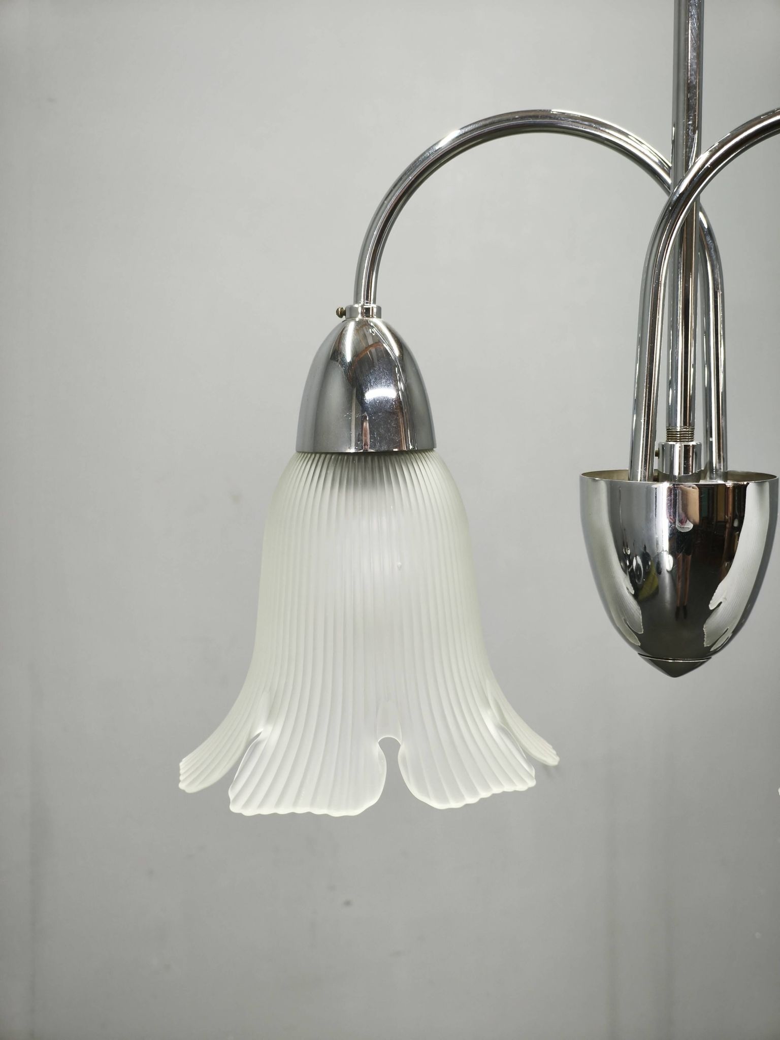 1950s Chrome and Floral Glass Chandelier by Elektroinstala Děčín