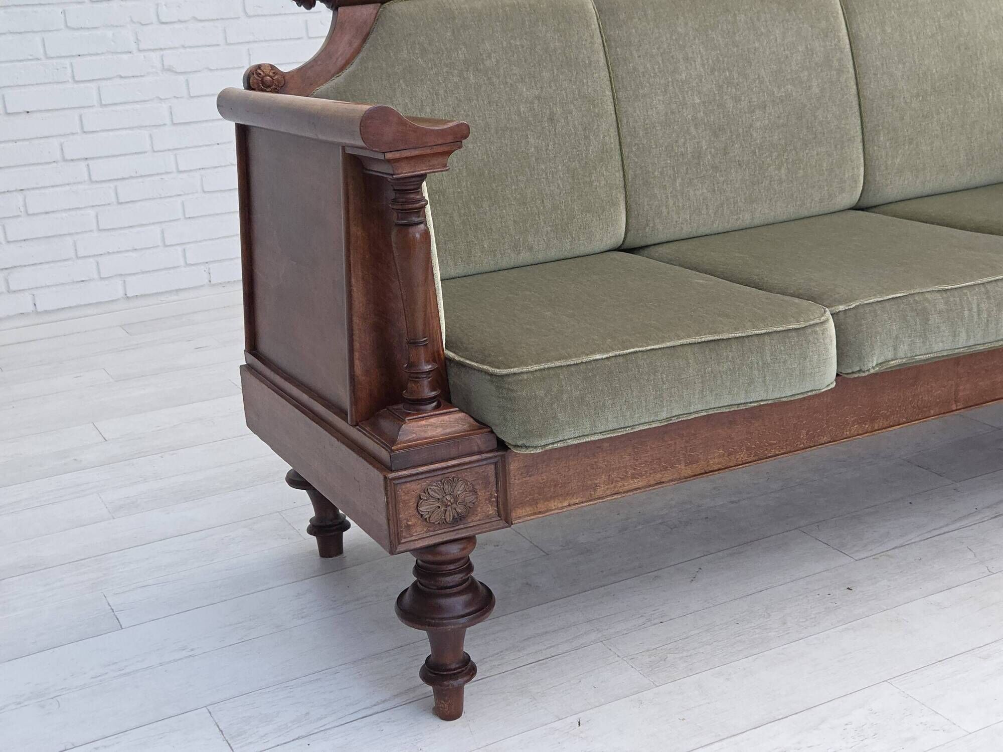 1930s, Danish 3 seater antique sofa, furniture velour, ash wood.