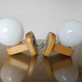 Pair of Scandinavian wall lights in pine and white opaline, 1980s.