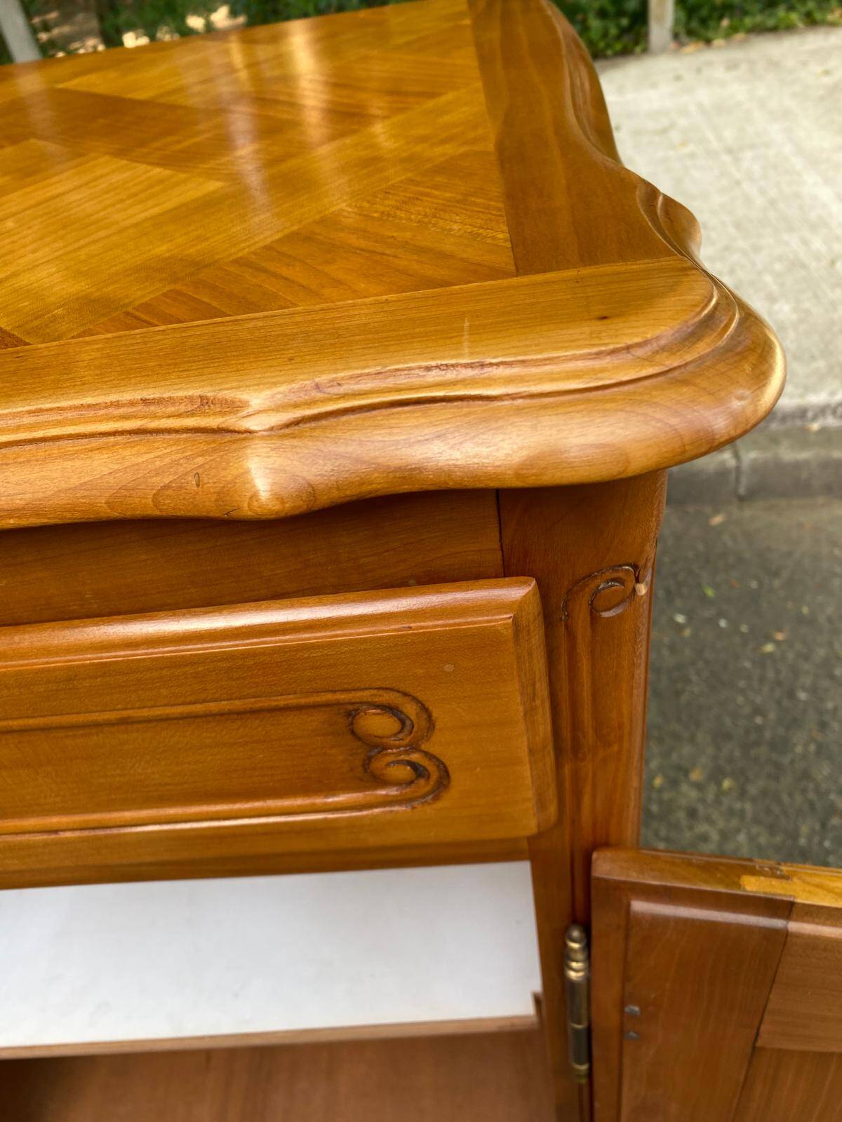 Light solid wood enfilade with Louis XV marquetry, 1950, 230cm.