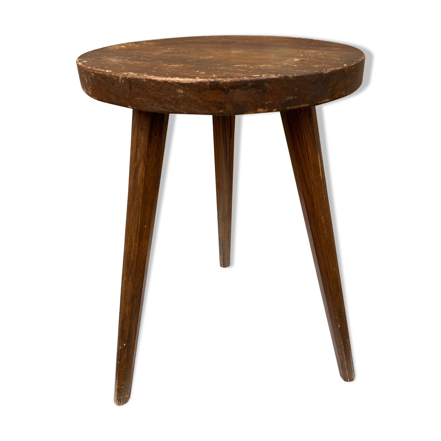 Brutalist rustic tripod farm stool made of vintage wood