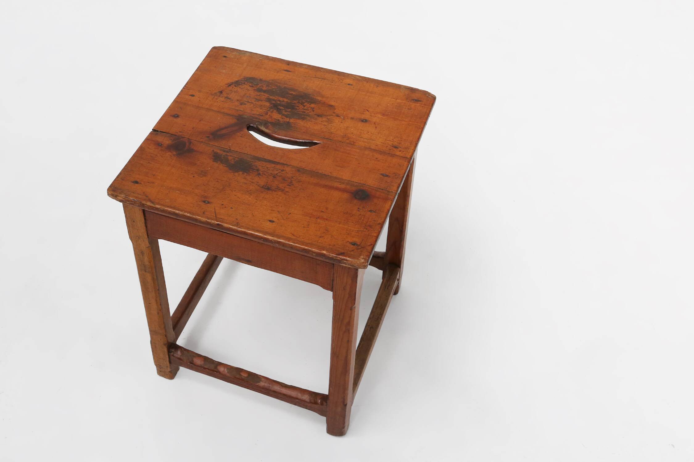 Vintage square wooden stool with handle, Belgium ca. 1920
