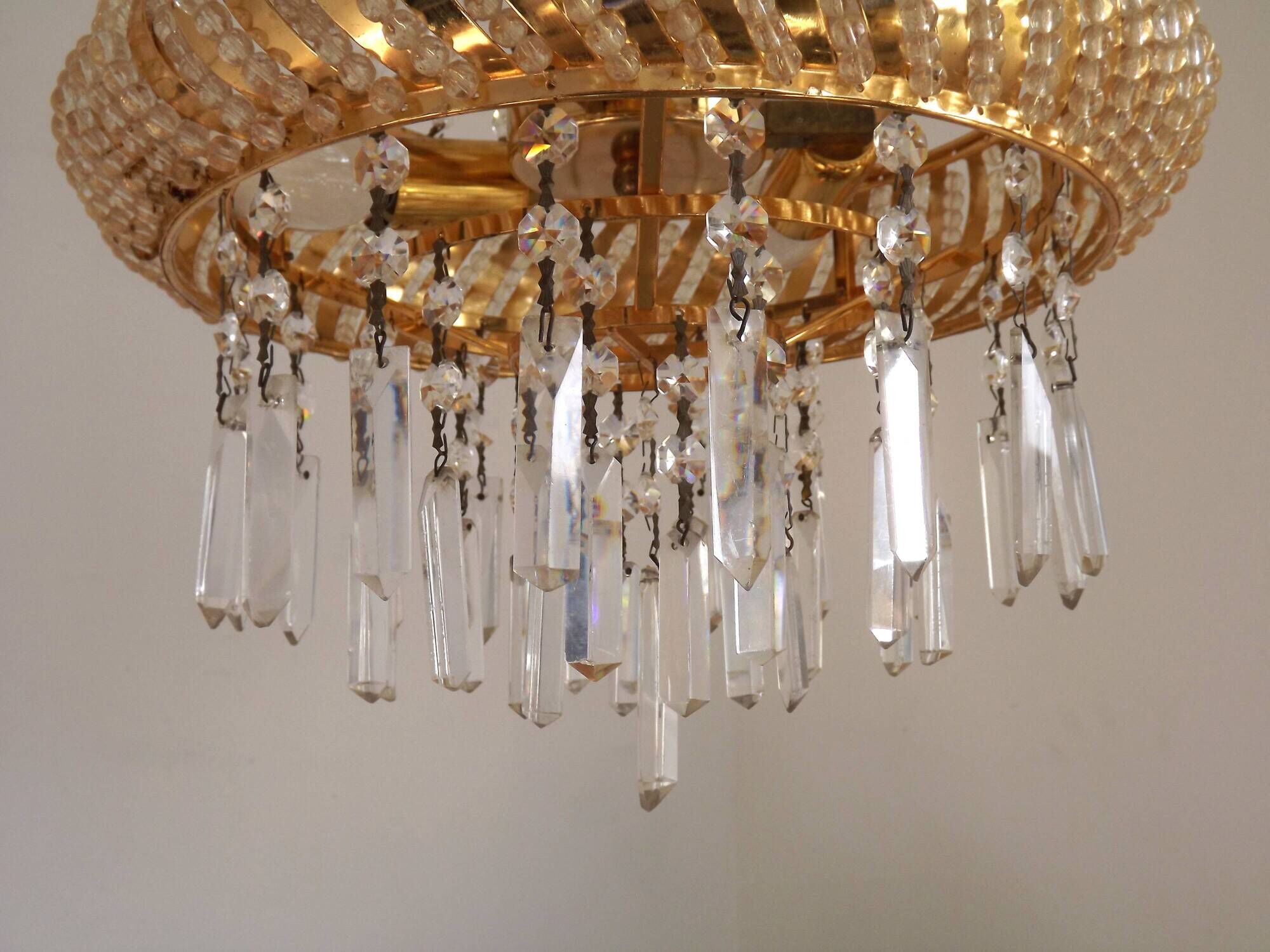 Vintage Gold Metal 5-Light Chandelier – Crystal Beads & Glass Prisms