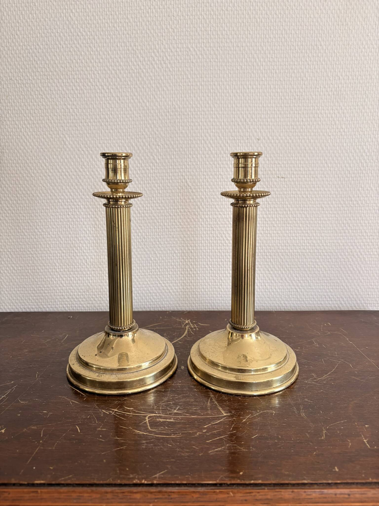 Antique Pair of Gilded Brass Candle Holders Empire Column Louis XVI Villedieu