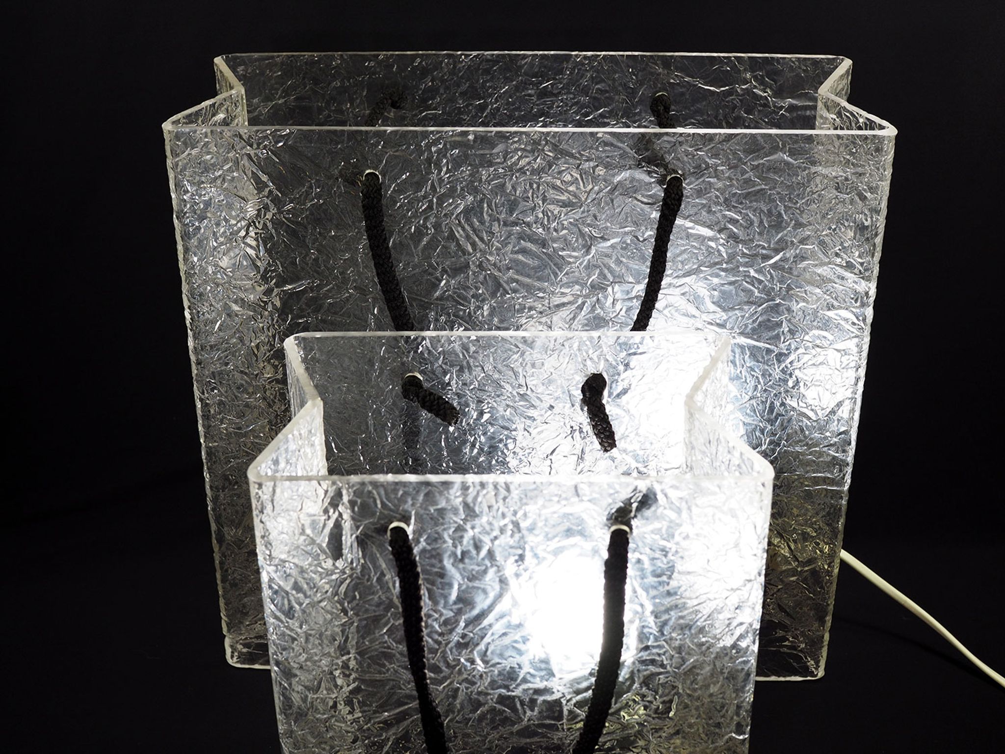 Lucite shopping bag lamps mid-century, set of 2