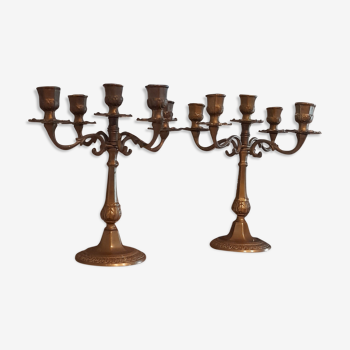 Pair of chandeliers/candelabra 5 burners, 4 branches, brass, baroque, for shabby chic style
