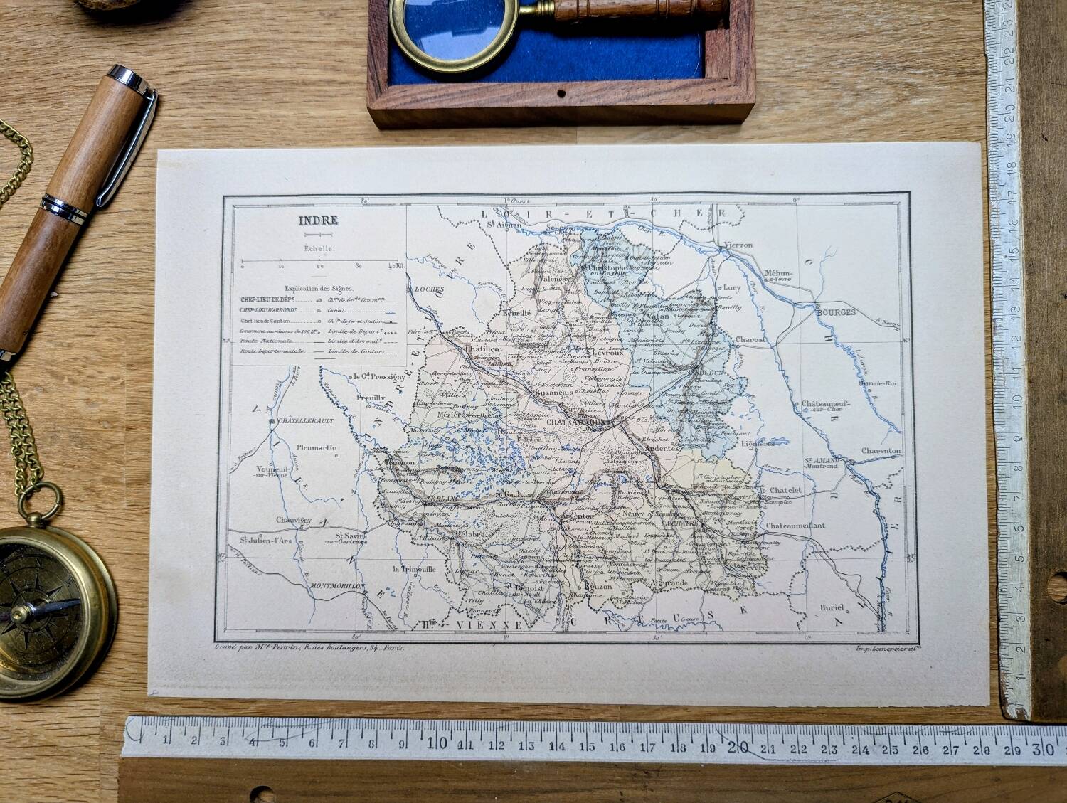 Map of Indre, printed in 1889. Authentic Vintage.