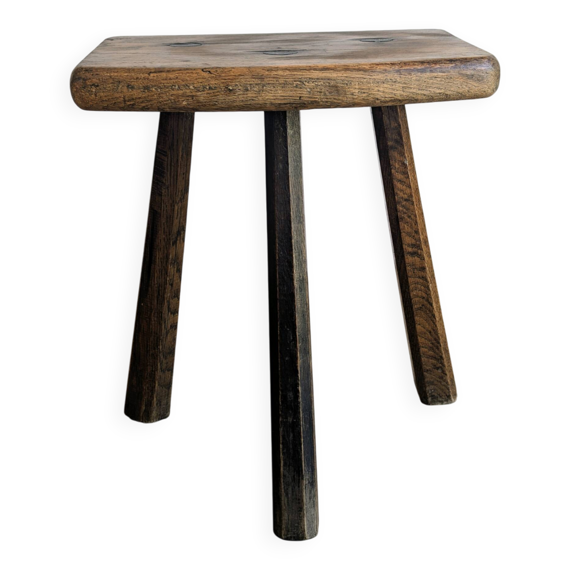 Antique tripod stool in patinated solid wood