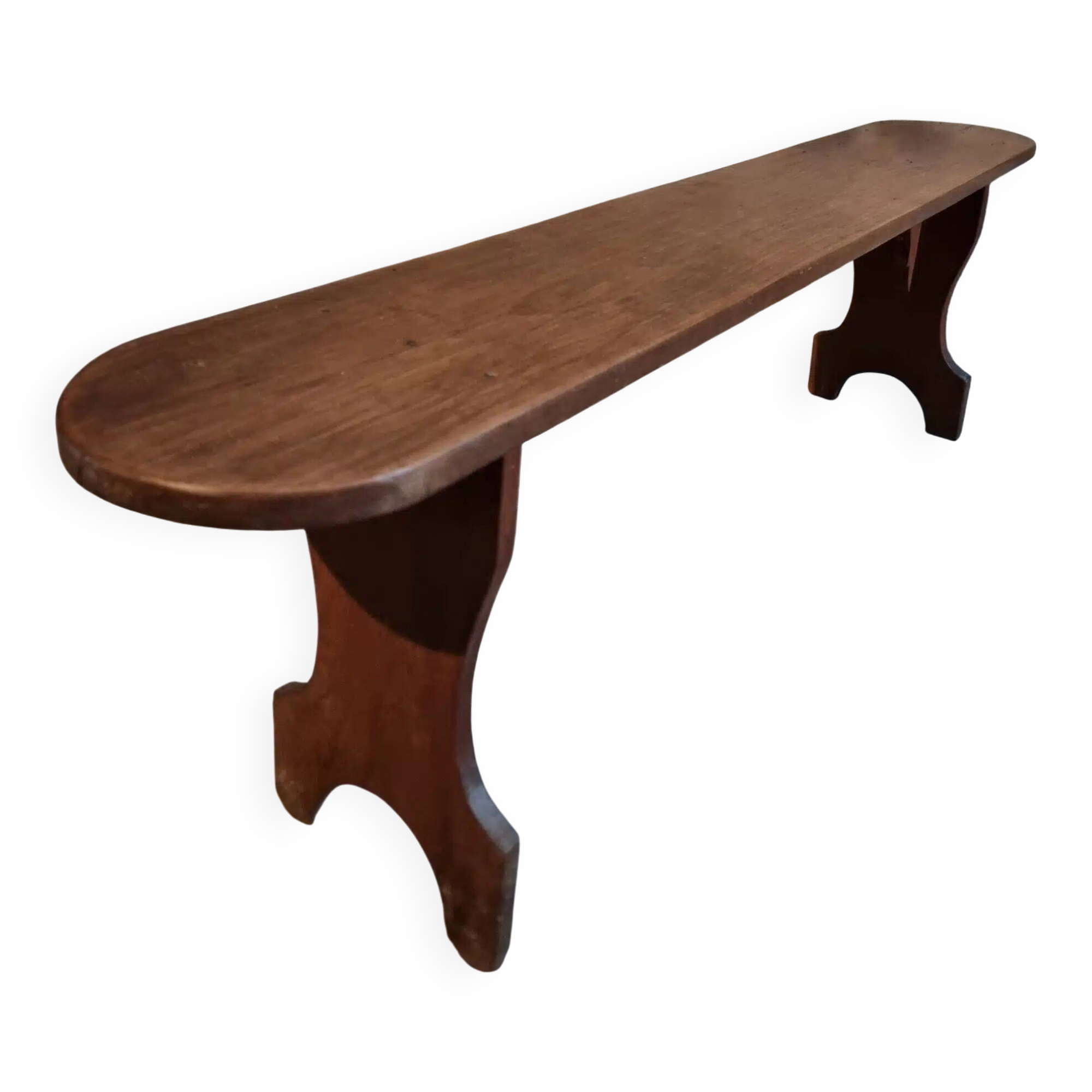 French cherry wood bench, 1930s, narrow wooden bench.